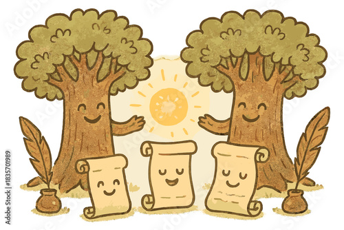 Ancient Tree Wisdom. Cute doodle illustration of ancient tree wisdom recording methodology with smiling trees sharing glowing