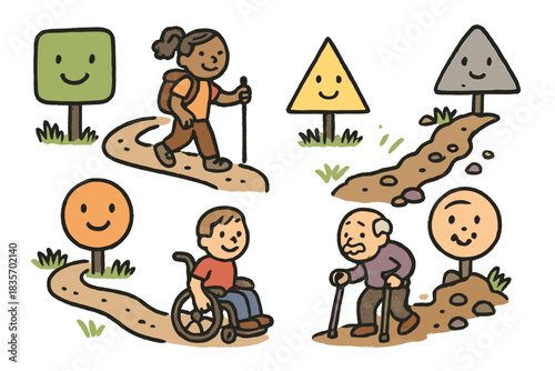 Inclusive Trail Adventure. Cute doodle illustration of accessible trail difficulty ratings with smiling trail signs, pathways, and