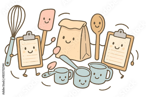 Whimsical Baking Tools. Whimsical doodle of cute baking tools like whisks, spatulas, and measuring cups collaborating to manage