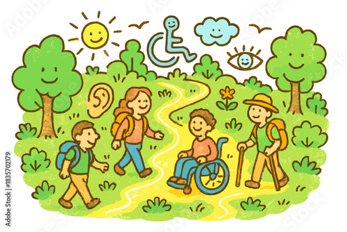 Accessible Nature Park. Delightful doodle of nature park filled with cheerful accessibility symbols, happy hikers, and glowing