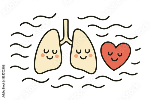 Cheerful Lungs and Heart. Doodle-style vector illustration of cheerful lungs and heart surrounded by flowing lines showing calm