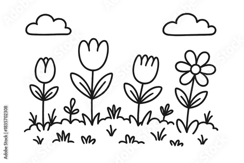Peaceful Garden Doodle. Doodle-style vector illustration of peaceful garden scene where flowers open and close in sync with gentle