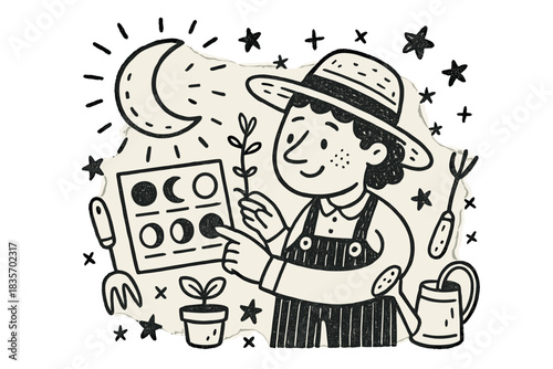 Gardener's Moonlit Planning. Whimsical doodle vector of gardener character checking planting days under glowing moon symbols,