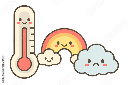 Emotional Atmosphere Doodles. Adorable doodle vector of thermometer, rainbow, and cloud characters measuring emotional atmosphere