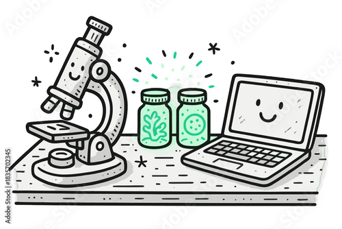 Cheerful Lab Doodle. Doodle-style vector illustration of cheerful lab table with microscope, laptop, and bioluminescent samples