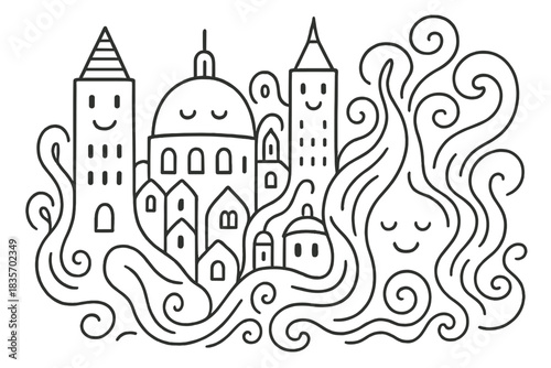 Morphing Cityscape Doodle. Whimsical doodle vector of morphing cityscape where smiling towers and domes transform smoothly into