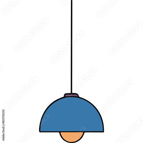 A Blue Dome Shaped Pendant Light Fixture with a Soft Orange Bulb Illuminated Against a Black Background
