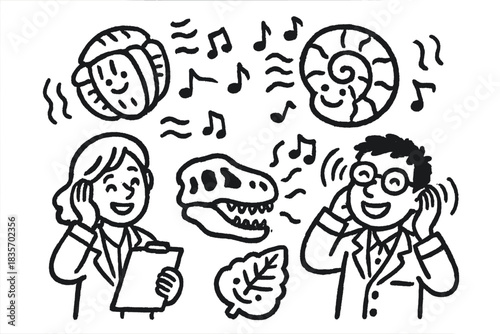 Musical Fossil Discovery. Doodle-style vector illustration of cheerful fossils emitting soft musical waves as scientists joyfully