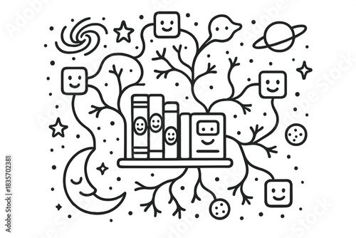 Cosmic Library Connections. Doodle-style vector illustration of cosmic library scene with neural threads connecting smiling