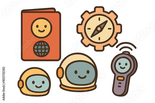 Multiverse Travel Essentials. Adorable doodle vector of multiverse passport and gear kit with happy helmets, compasses, and