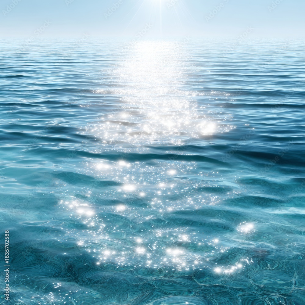 Naklejka premium Blue ocean water showing sunlight glimmering on its rippled surface, creating a beautiful sparkling effect and tranquil atmosphere, representing calm, clarity, and relaxation