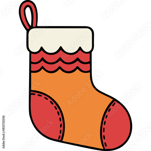 A Christmas Stocking with Red and Orange Hues Features a White Ruffled Top and Decorative Zigzag Pattern on the Cuff Perfect for Holiday Gifts and Decorations