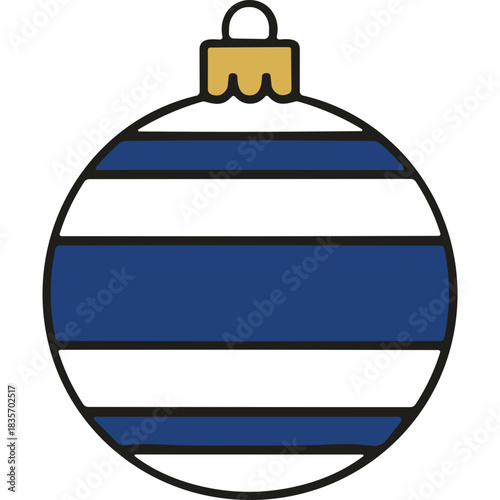 A Circular Blue and White Striped Christmas Ornament with a Gold Cap Detailed and Isolated on a Black Background Representing Holiday Decorations