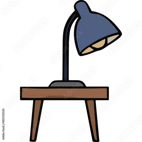 A classic blue desk lamp with a flexible neck rests on a simple wooden table casting a warm light from its exposed bulb in a minimalist composition.