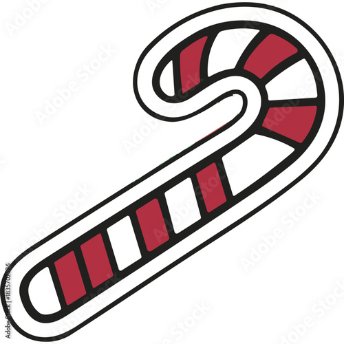 A Classic Red and White Striped Candy Cane Icon with a Thick Black Outline on a Transparent Background Perfect for Holiday Decorations and Festive Designs