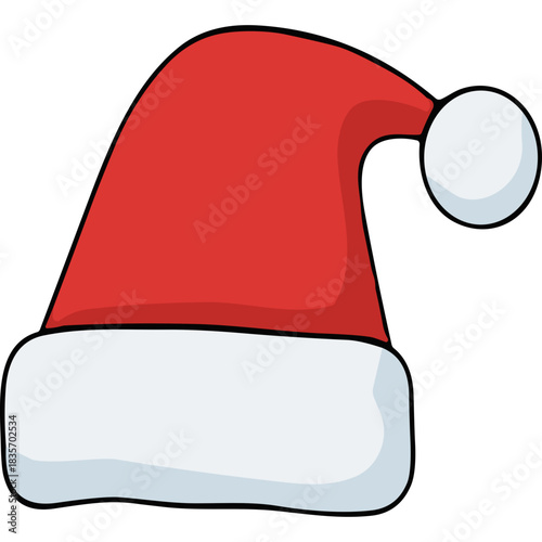 A classic red Santa hat with a white fluffy trim and pompom on a black background ideal for Christmas celebrations and festive themes