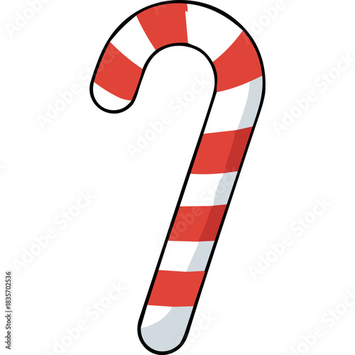 A Classic Red and White Striped Candy Cane with a Hook Shape on a Black Background Representing Christmas and Sweet Treats