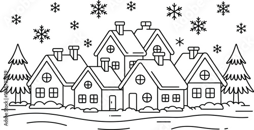 Outline drawing of winter village scene with falling snow.