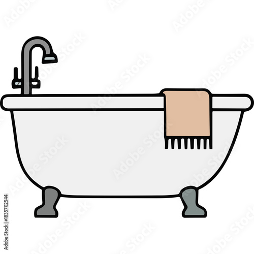 A Classic White Bathtub with a Beige Towel and Chrome Faucet in a Simple Clean Aesthetic