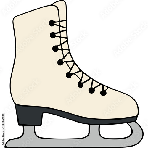 A Classic White Figure Skate with Black Laces and a Black Collar on a Silver Blade Against a Black Background