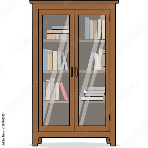 A classic wooden glass door bookcase filled with a variety of books in muted colors on a clean white background featuring a minimalist illustration style
