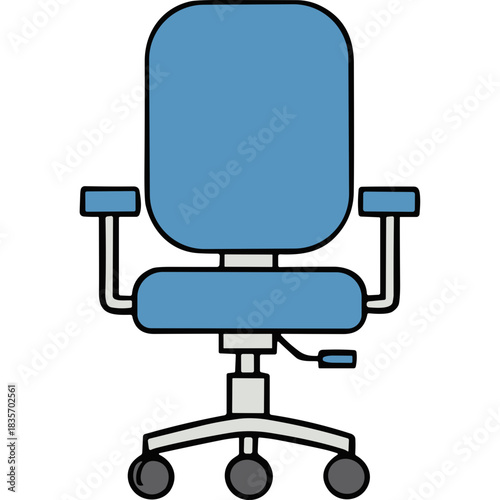 A Clean Blue Office Chair With Armrests And Five Caster Wheels On A Black Background Isolated With No People