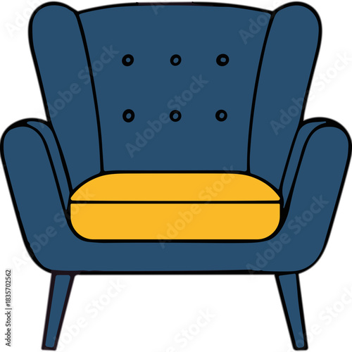 A Classic Wingback Armchair in Deep Blue Upholstery with a Bright Yellow Seat Cushion and Dark Tapered Legs Against a White Background