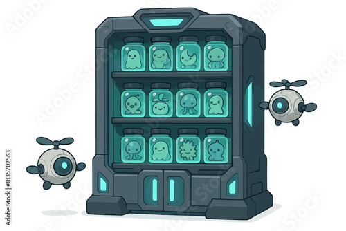 Charming Alien Vault. Charming specimen vault guarded by adorable drones and glowing panels, shelves of doodle jars with peaceful