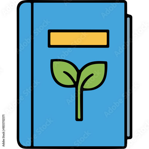 A Closed Blue Book with a Yellow Rectangular Label and Green Plant Sprout Graphic Illustrating Growth and Nature Knowledge on a Simple Background