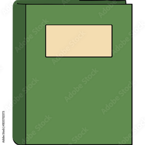 A Closed Green Book with a Blank Cream Label on the Cover Isolated on a Black Background