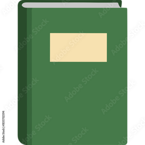 A Closed Green Book with a Plain Cream Rectangular Label on the Cover Set Against a Transparent Background