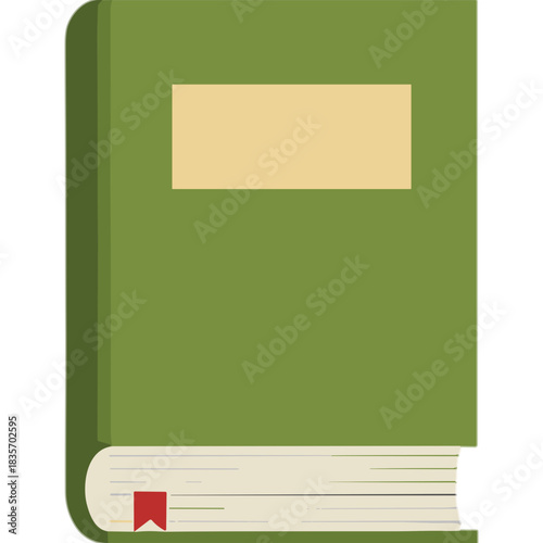A Closed Green Book with a Light Beige Label on the Cover and a Red Bookmark on its Side