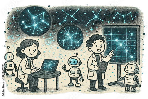Cosmic Lab Exploration. Dark matter mapping laboratory with floating holographic constellations, cute scientists studying cosmic