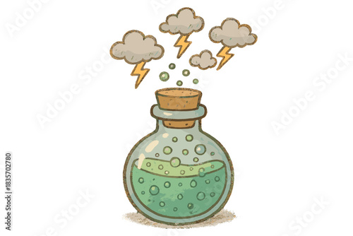 Magical Potion Flask. Sweet doodle bubbling potion flask releasing tiny clouds that form miniature thunderbolts, cozy magical lab