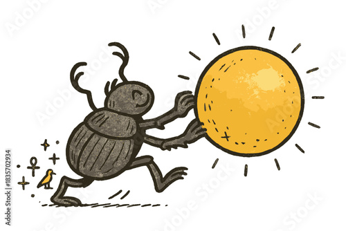 Scarab Beetle Doodle. Playful doodle Egyptian scarab beetle pushing a glowing sun sphere, tiny hieroglyph sparkles trailing behind