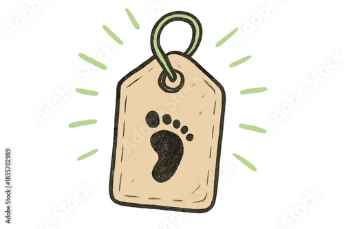 Eco-Friendly Price Tag. Playful doodle price tag displaying a tiny carbon footprint icon, softly glowing lines representing
