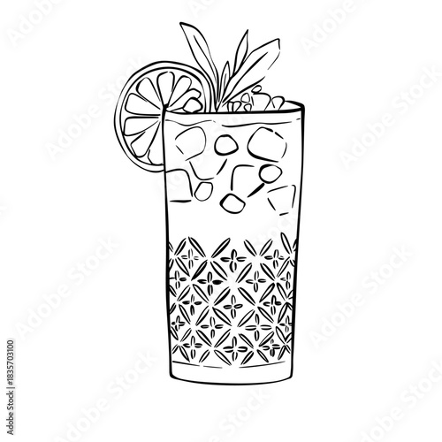 Hand-Drawn Citrus Iced Drink in Tall Glass — Line Art Illustration