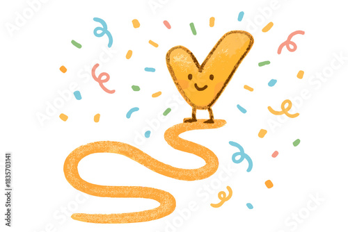 Playful Path Celebration. Adorable doodle checkmark waiting at the end of a winding, fun path, surrounded by confetti and cheerful
