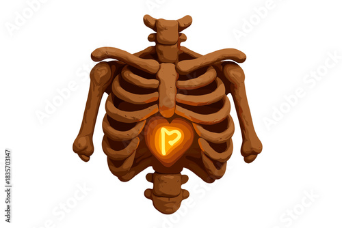 Clay Heart Rune. Playful doodle chest cavity made of clay with a bright glowing rune core beating gently inside, No text, No