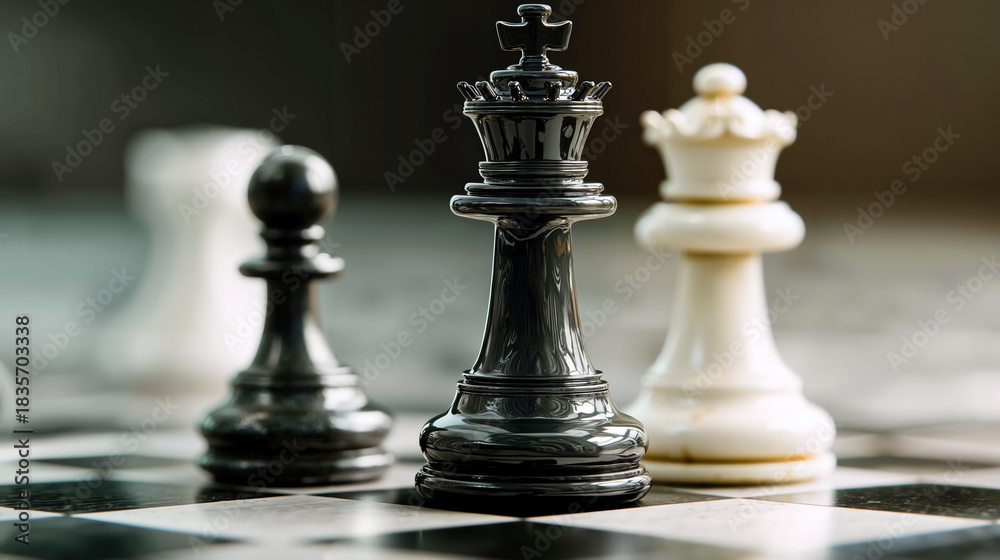 Fototapeta premium A close-up of three chess pieces on a checkered board