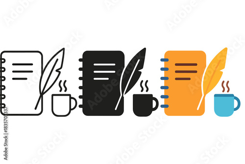 Creative Workspace Elements. Notebook, quill, steaming mug, first in line style with thin outline, second in solid style filled