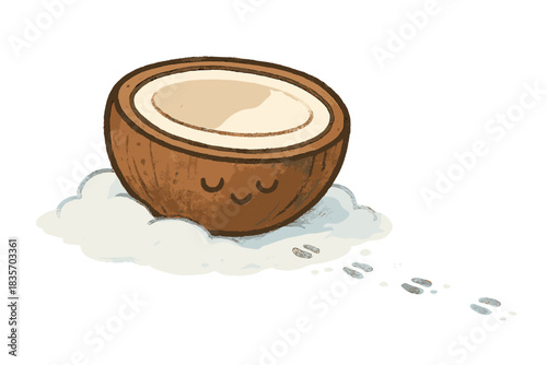 Coconut in the Snow. Adorable doodle coconut half shell resting in snow with tiny horse hoof prints leading away, whimsical