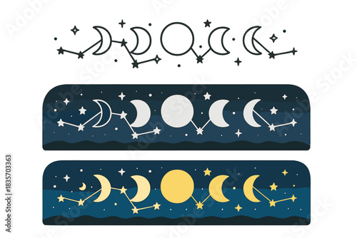 Moon Phases Artistry. Night sky horizon, moon phases, connecting stars, first in line style with thin outline, second in solid