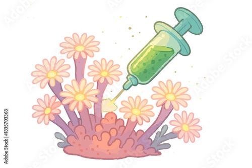 Doodle Algae Symphony. Sweet doodle algae syringe shining softly as coral polyps bloom with renewed color, No text, No labels,