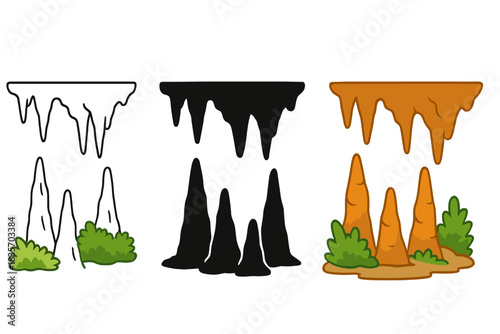 Cavern Stalagmites Design. Cavern roof, stalagmites below, moss clusters, first in line style with thin outline, second in solid