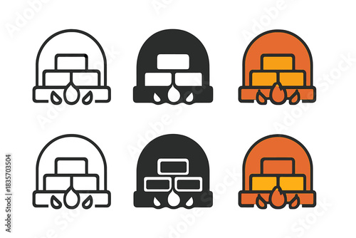 Minimalist Furnace Bricks. Glowing bricks inside furnace with small flames around, abstract minimalist vector icon, first in line