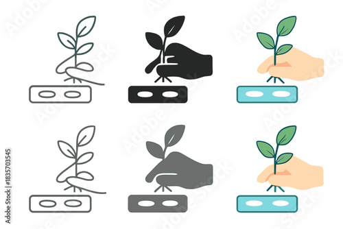Plant Specimen Illustration. Hand holding plant specimen over test tray, abstract minimal vector design, first in line style with