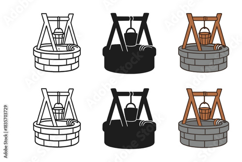 Rustic Well Illustration. Rustic wooden bucket hanging over stone well with rope coil, abstract minimal vector illustration, first