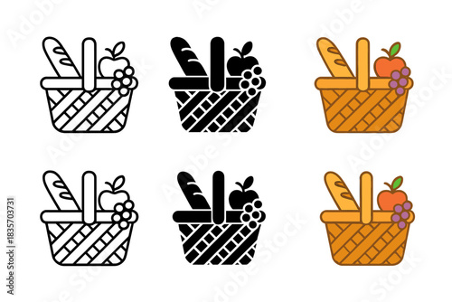 Picnic Basket Styles. Woven willow basket filled with picnic items like bread and fruit, minimal vector icon, first in line style