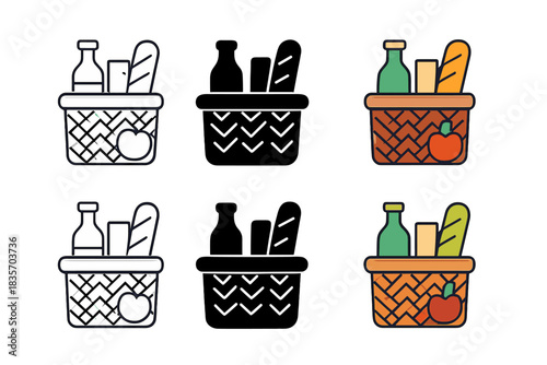 Stylized Picnic Basket. Basket with picnic items arranged neatly inside, showing woven willow texture, abstract minimalist vector